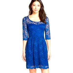 Betsey Johnson Blue Lace Illusion Yoke 3/4 Sleeve Flare Party Dress 8